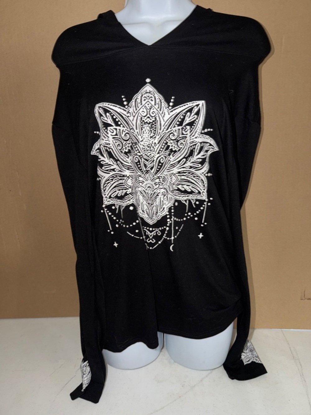 Black V-Neck Long Sleeve Top with White Boho Lotus Print